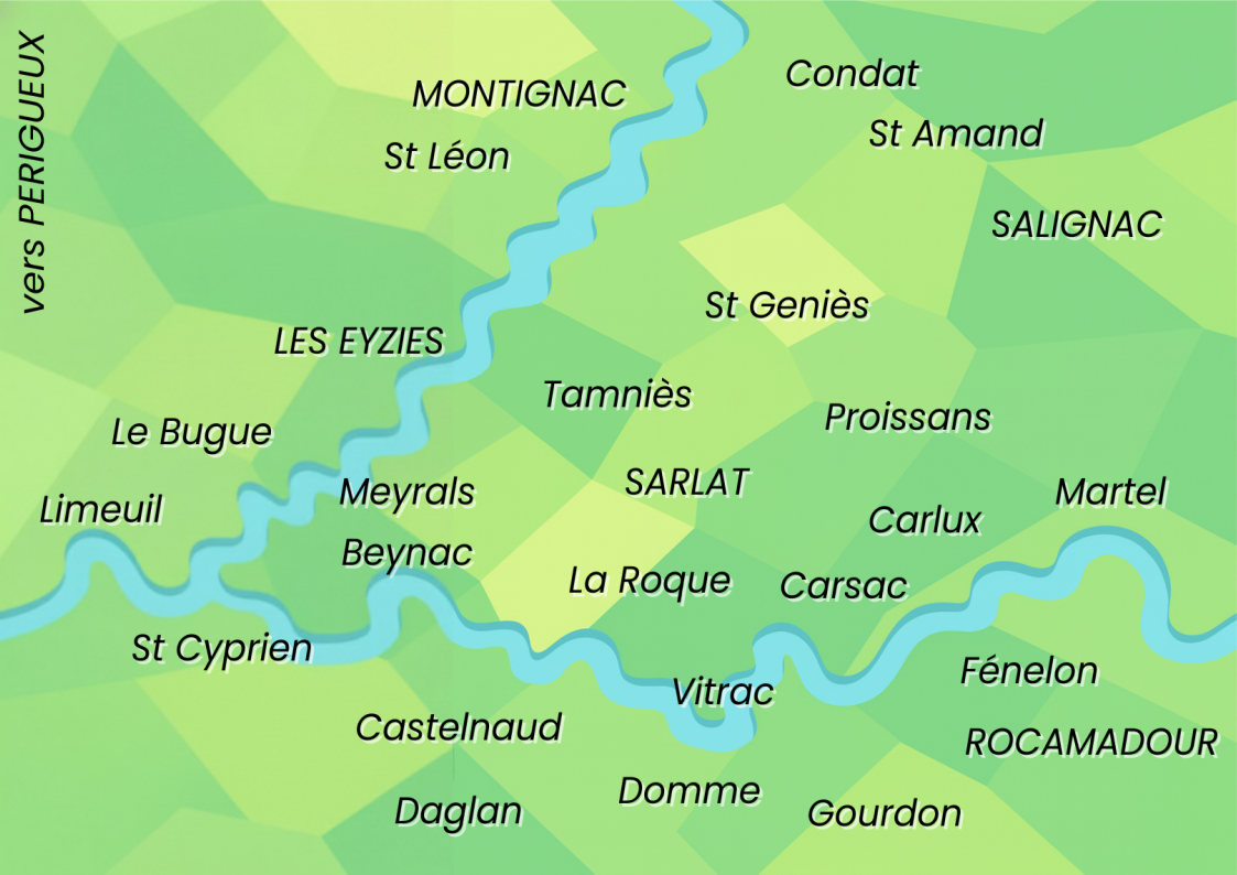 Carte du Périgord Noir Carte du Périgord Noir, cette carte indique les villages principaux à visiter en Périgord Noir.